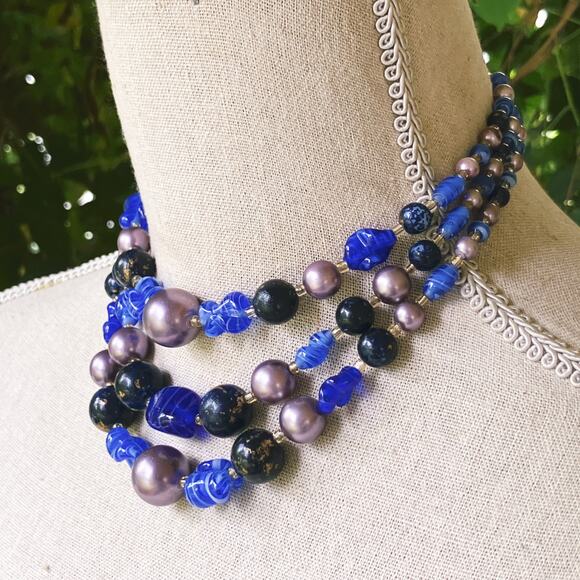 VTG Japan 50s 60s Necklace Two Strand Glass Bead Faux Pearl Graduated Colorful - Picture 3 of 13